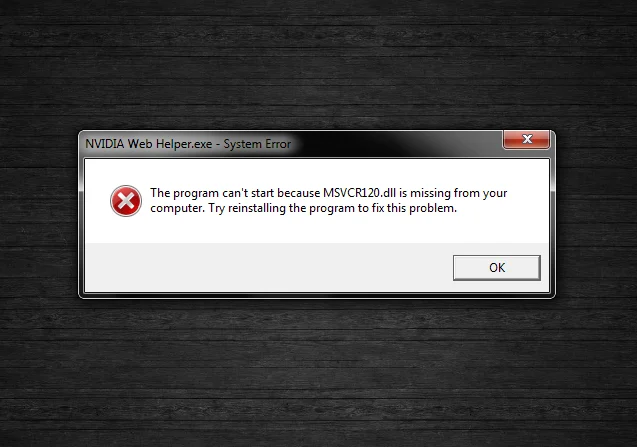 Nvidia Web Helper.exe — критическая ошибка MSVCR120.dll
